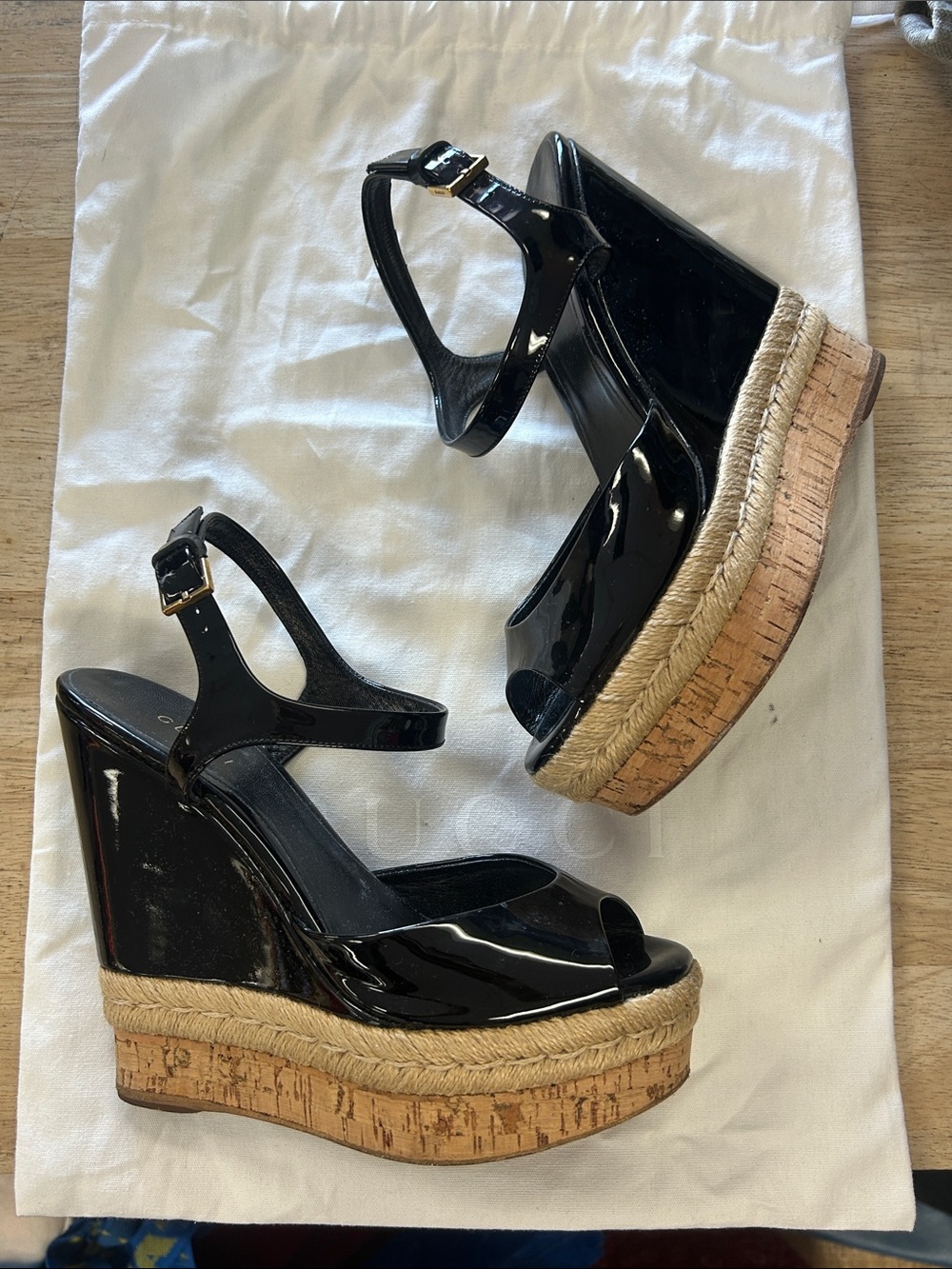 Gucci Black Patent Cork Espadrille Wedge Sandals - Women size 6 - Picture 2 of 6
